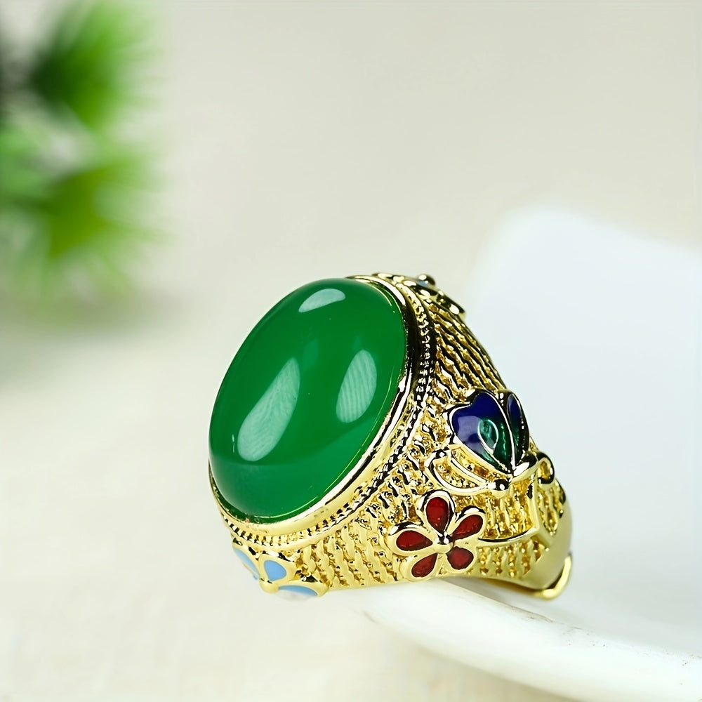 Cloisonné Green Agate Retro Palace Style Ring 💚👑