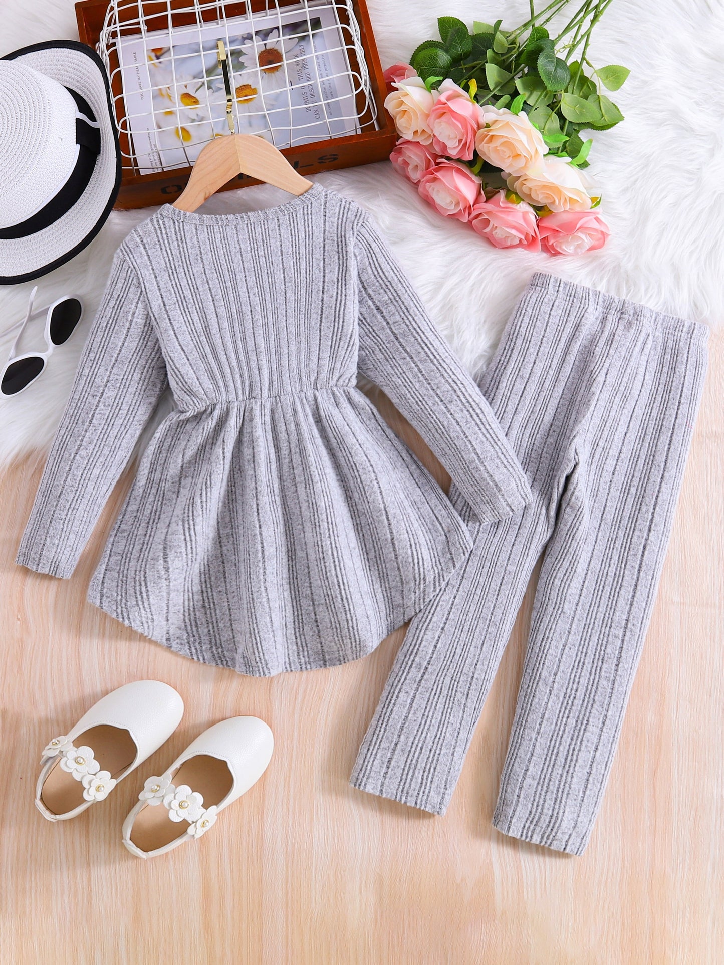 👕 2PCS Ribbed Knit Outfits - Long Sleeve Top + Jogger Pants Set for Kids