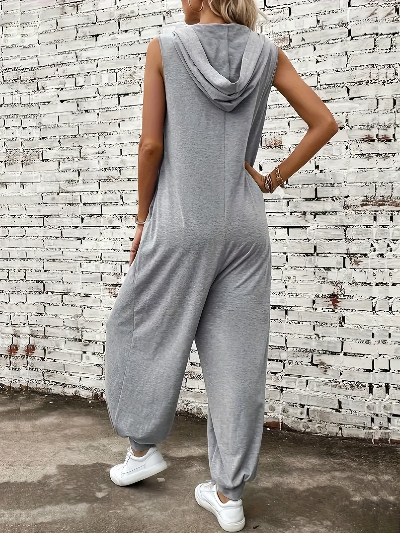 Solid Button Front Hooded Jumpsuit