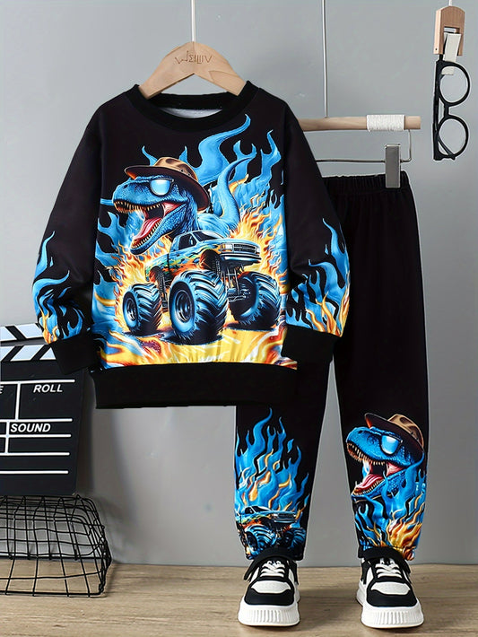 🚗🔥 Dinosaur Monster Truck Flame Pattern 2-Piece Set – Long Sleeve Sweatshirt & Pants for Boys 🍂