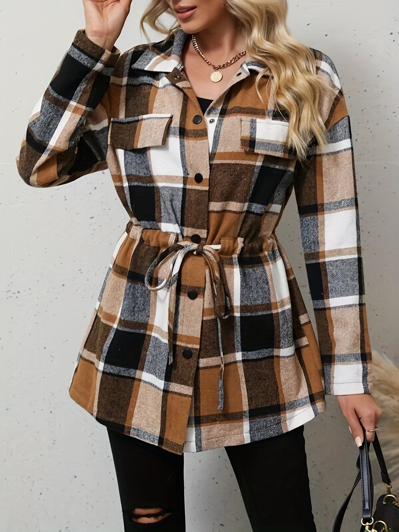 Plaid Pattern Drawstring Coat 🧥🔗