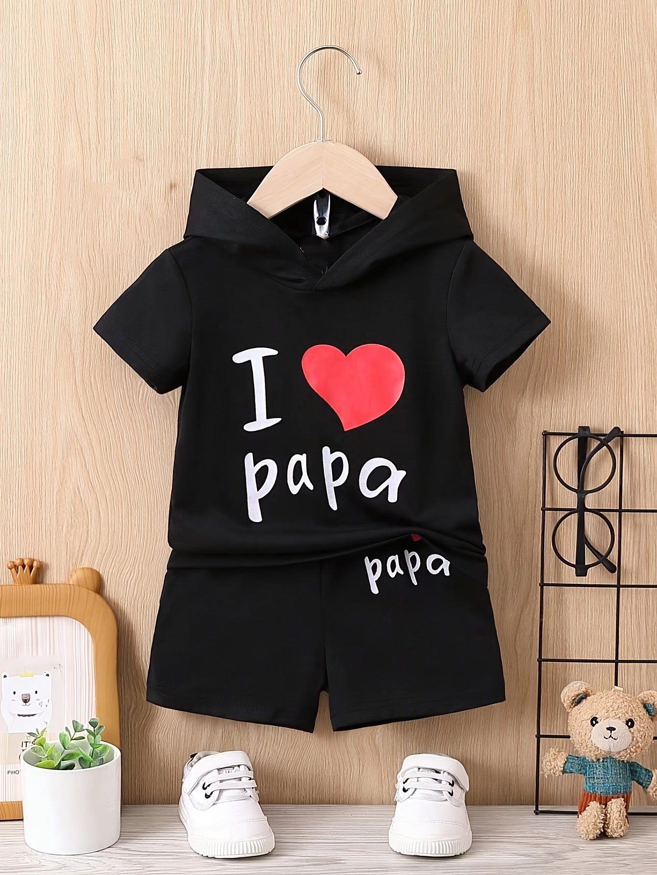 👶 “I Love Papa” 2-Piece Summer Set for Baby Boys – Hooded T-Shirt & Shorts Combo 🌞