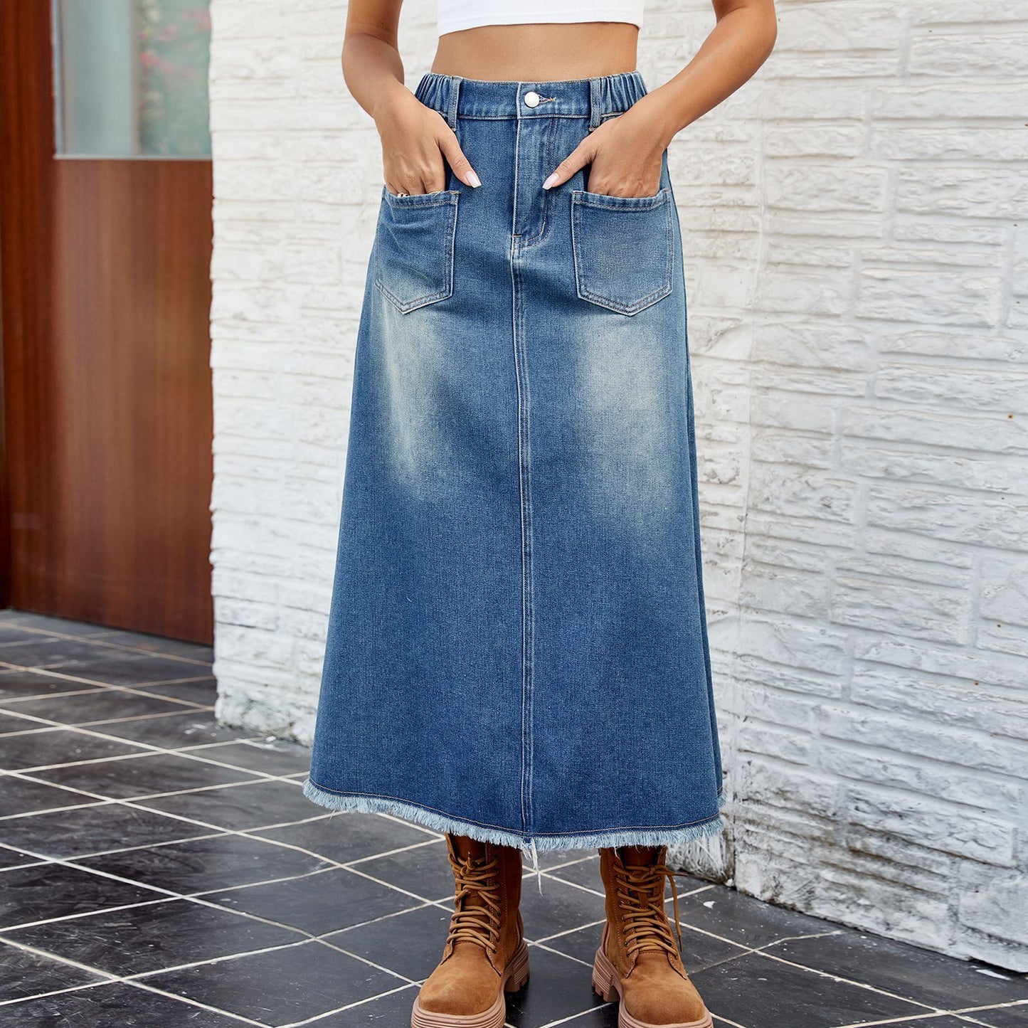 European And American Washed Frayed Hem Denim Skirt Midi Skirt