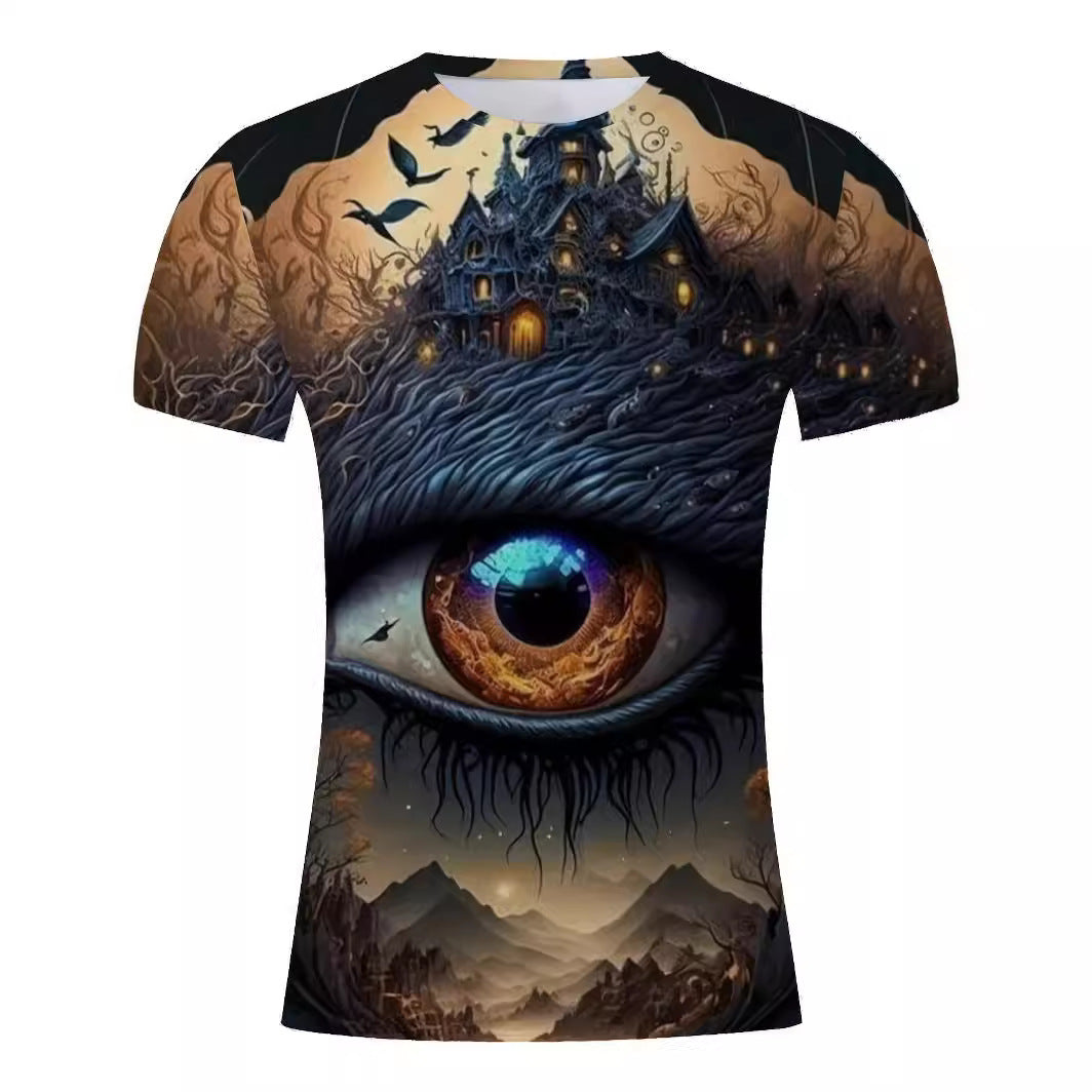 Cross-border Horror Eyes Digital Printed T-shirt Casual Round Neck Short Sleeves Top