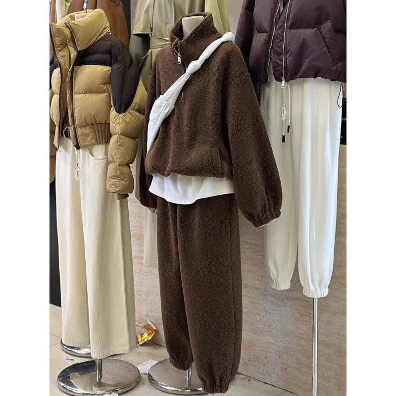 Casual Sports Style Brown Color Thick Lamb Wool Sweatshirt Pants Suit