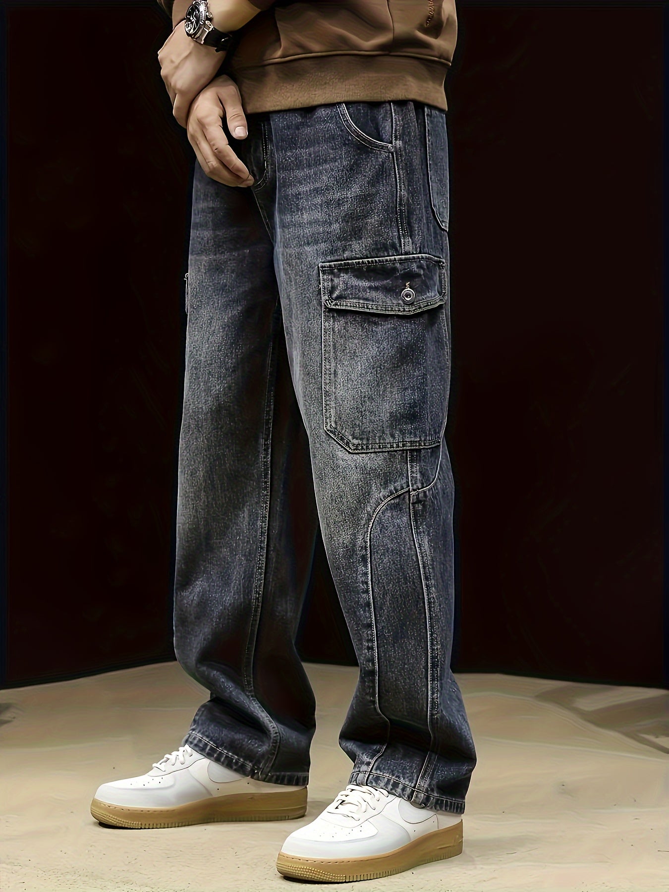 🌟 Men's Loose Solid Denim Barrel Pants With Multi Pockets 🌟