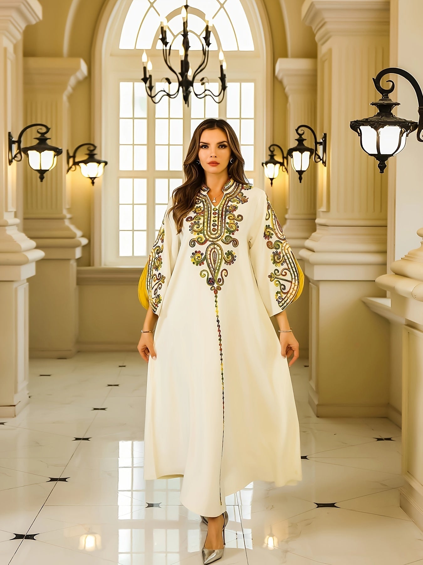 Elegant 3/4 Sleeve Embroidery Dress - Women's Kaftan