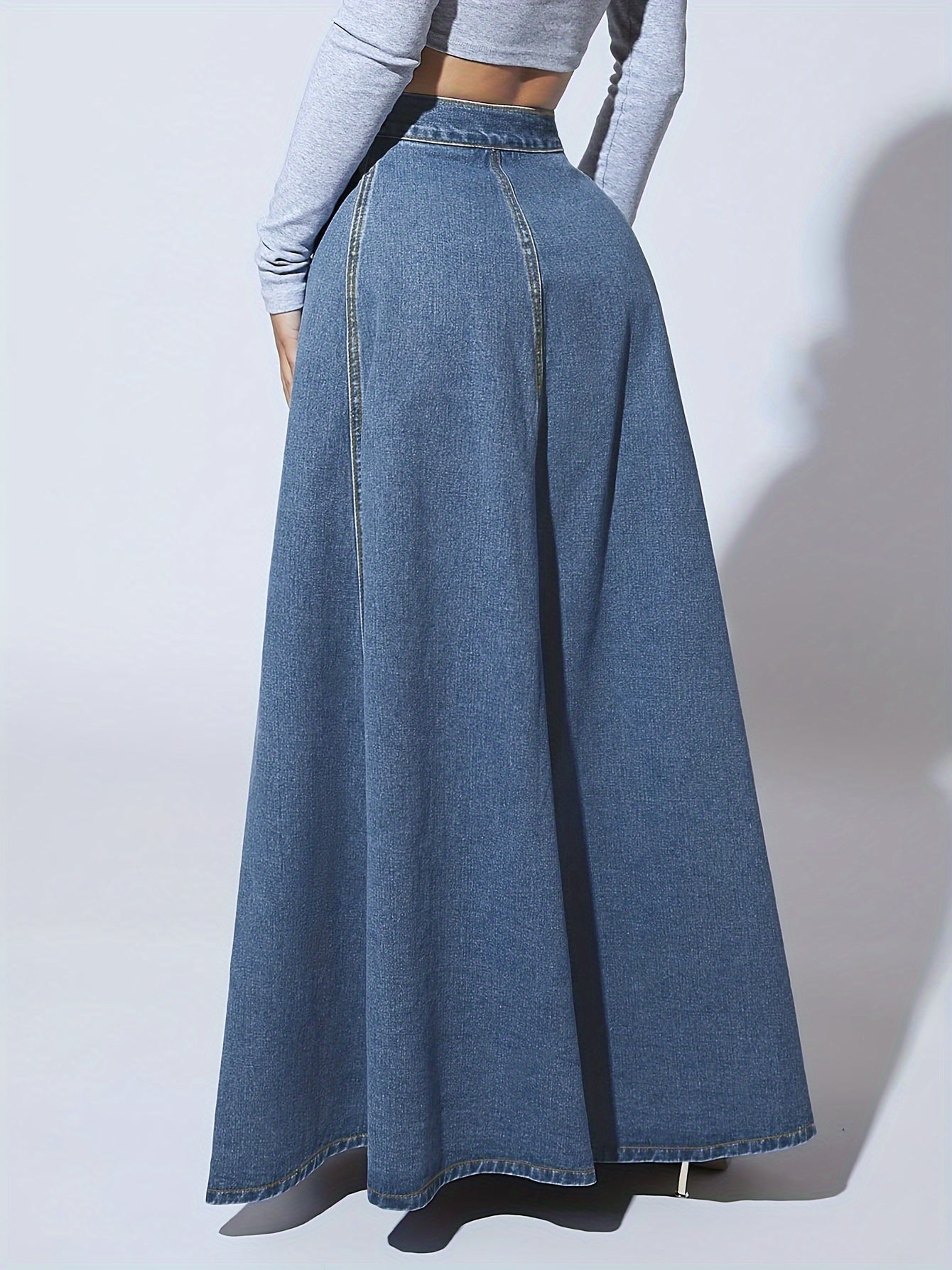 Retro High-Rise Washed Blue Denim Maxi Skirt