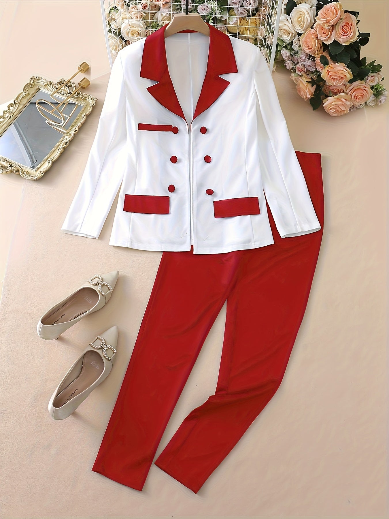 Color Block Two-Piece Set - Casual Button Front Blazer & Straight Leg Pants