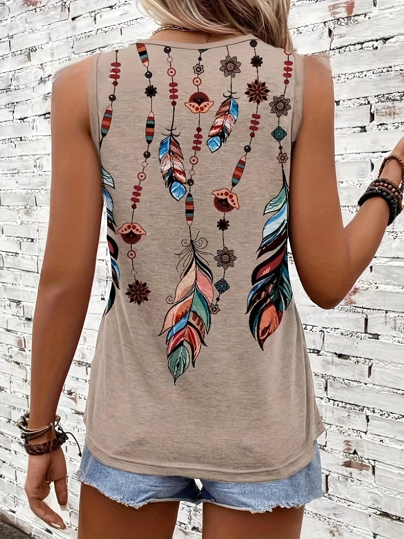 Feather Print Crew Neck Tank Top