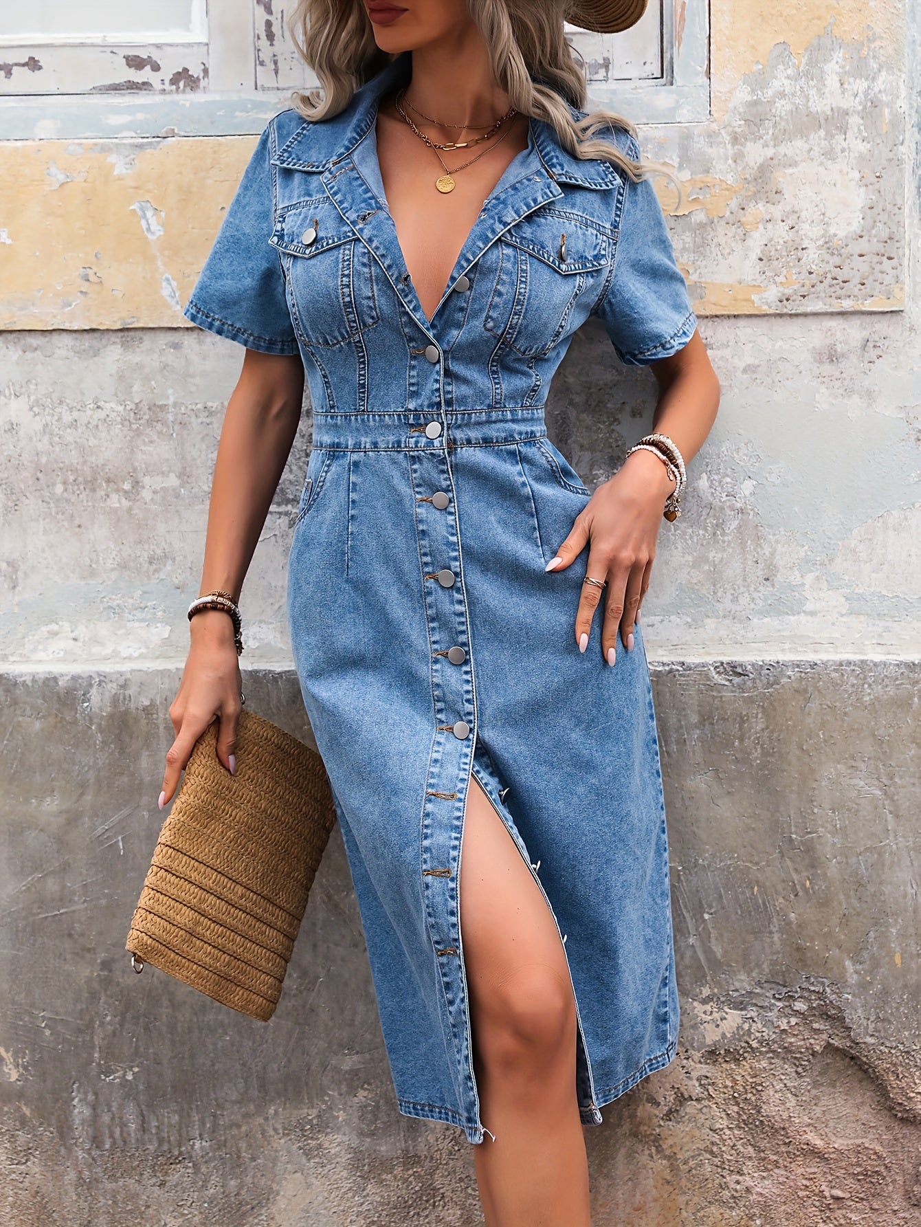 👗 "Denim Dream" Short Sleeve Midi Dress 🌟