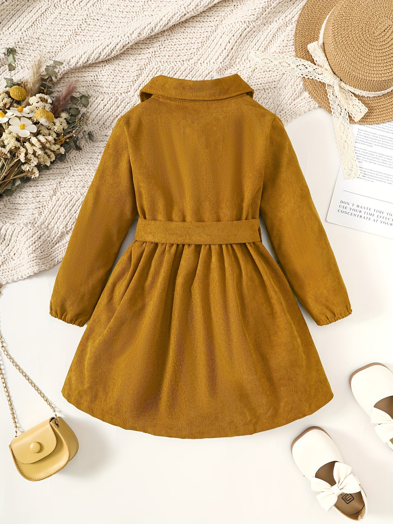 🎀 Toddler Girls' Solid Half Button Lapel Dress with Bow Belt 👗