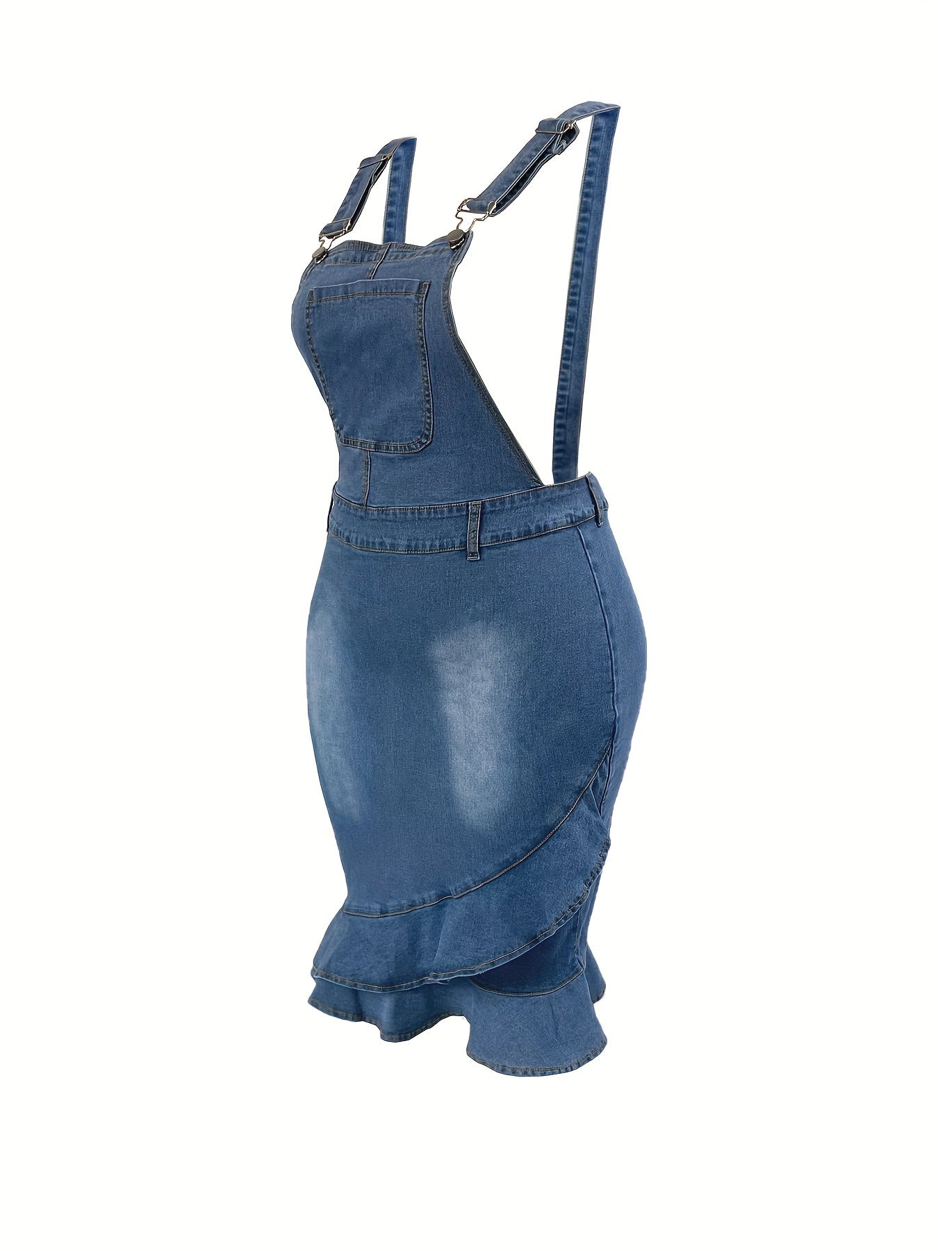 Plus-Size Asymmetric Ruffled Hem Plain Washed Blue Adjustable Strap Elegant Overalls Denim Dress 💙✨