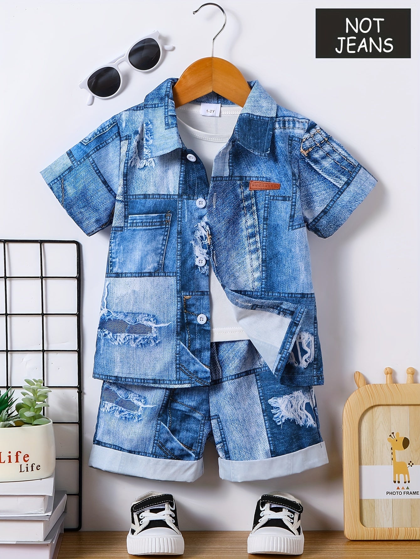 👖 2-Piece Boys' Casual Imitation Denim Shirt & Shorts Set – Cool & Comfy Summer Outfit 🌟