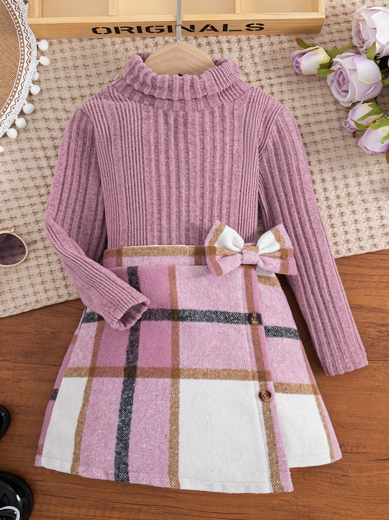 🍂 Elegant 2PCS Girls' Outfit Set: Solid Turtleneck Pullover + Plaid Skirt 🎀