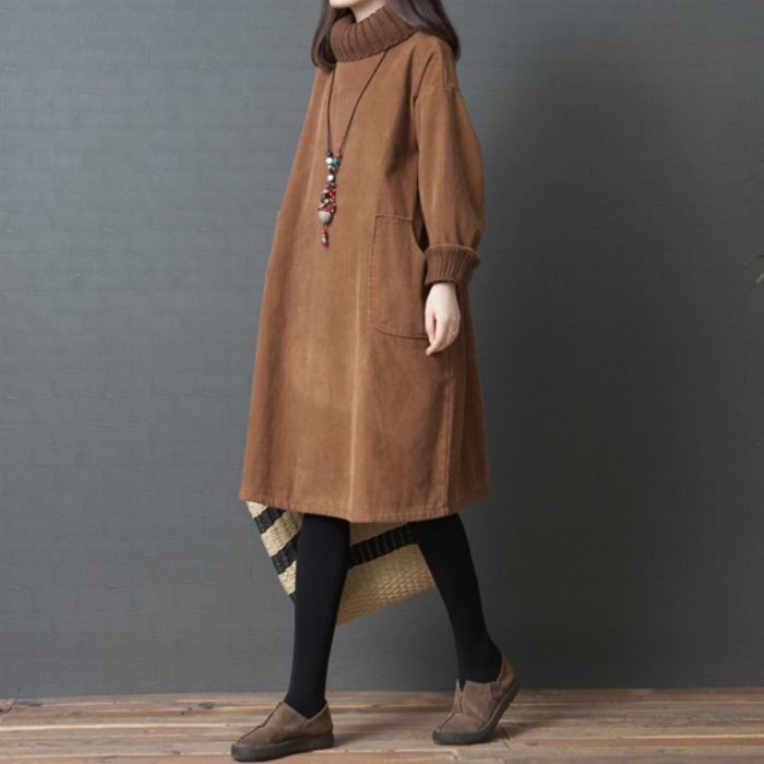 Autumn And Winter Plus Size Temperament Corduroy Turtleneck Dress