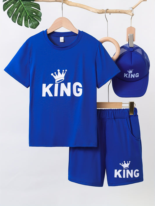 👑 2-Piece Boys' KING Letter Print Set – Cool Short Sleeve T-Shirt, Shorts & Cap 🌟