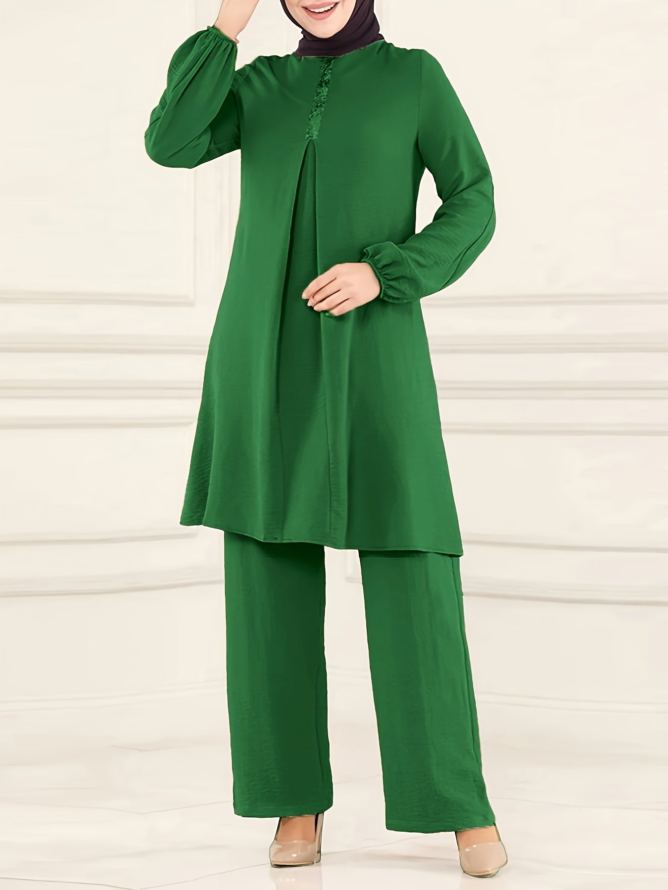 Elegant Solid Muslim Two-Piece Set - Long Sleeve Crew Neck Top & Straight Leg Pants