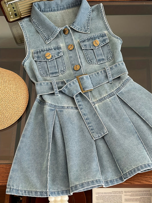 Girls Lapel Sleeve Denim Dress 👗