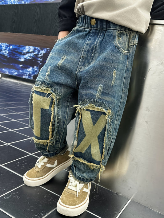 Boys' Casual Denim Jeans: Alphabet Patchwork & Distressed Details 👖✨