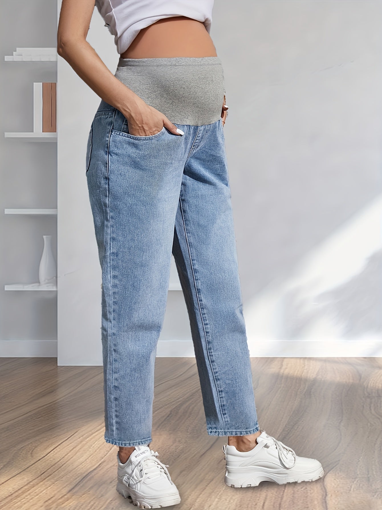 Comfortable Maternity Solid Denim Pants