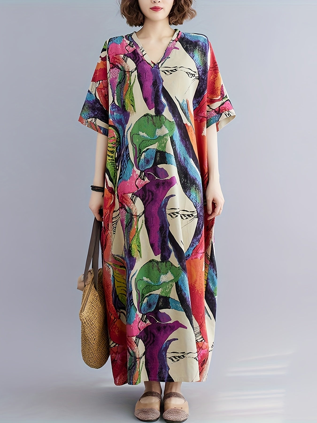 Abstract Print V-Neck Dress