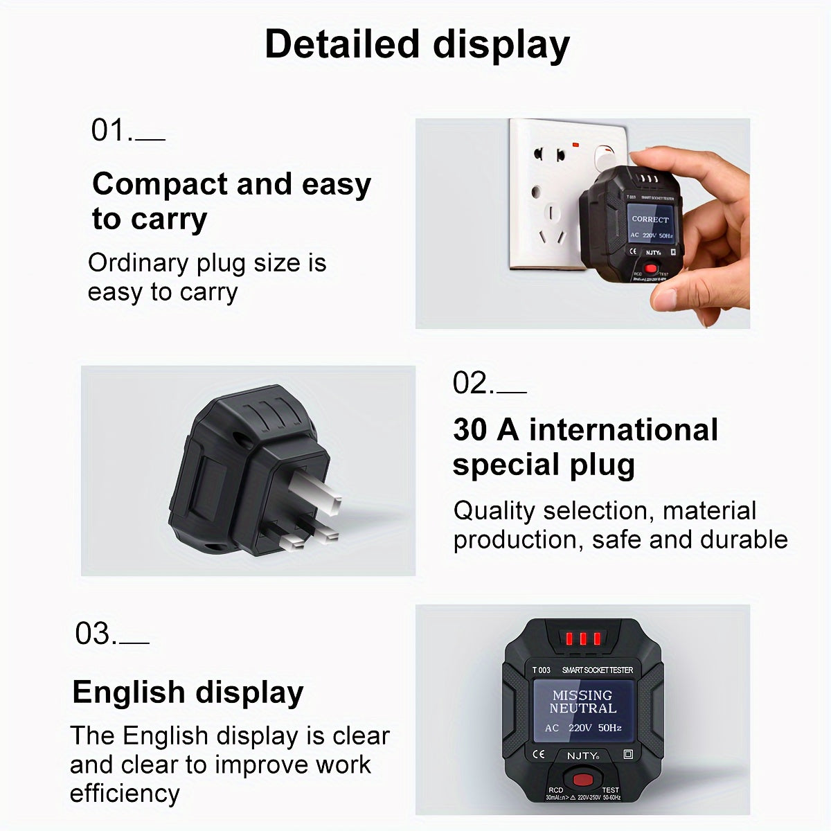 T003 British Standard  Socket Tester: Multi-Functional Appliance Socket Detector With Zero Fire & Ground Wire Detection