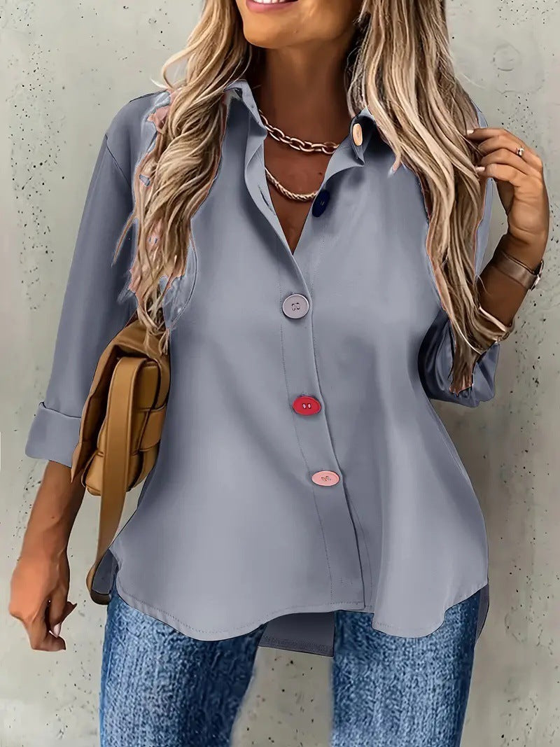 Casual Women's Solid Color Buttons Long Sleeve Shirt Top