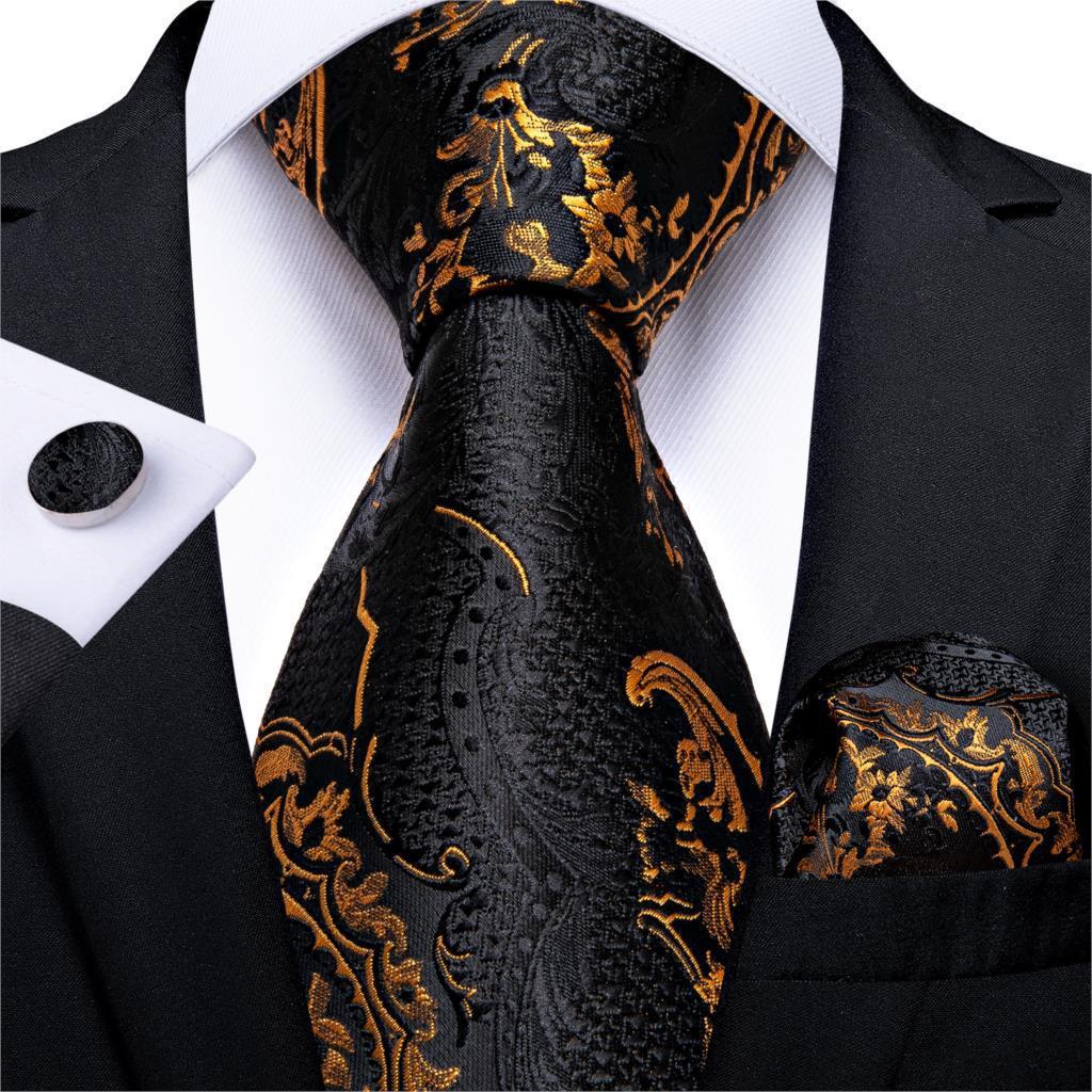 Men's Tie Luxury Black And Gold Striped Silk Woven