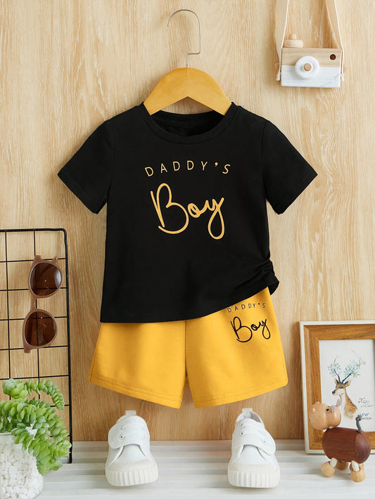 👶 2-Piece Baby Boys' "Daddy's Boy" Letter Print Cotton T-Shirt & Shorts Set – Casual Black & Yellow Outfit 🌟