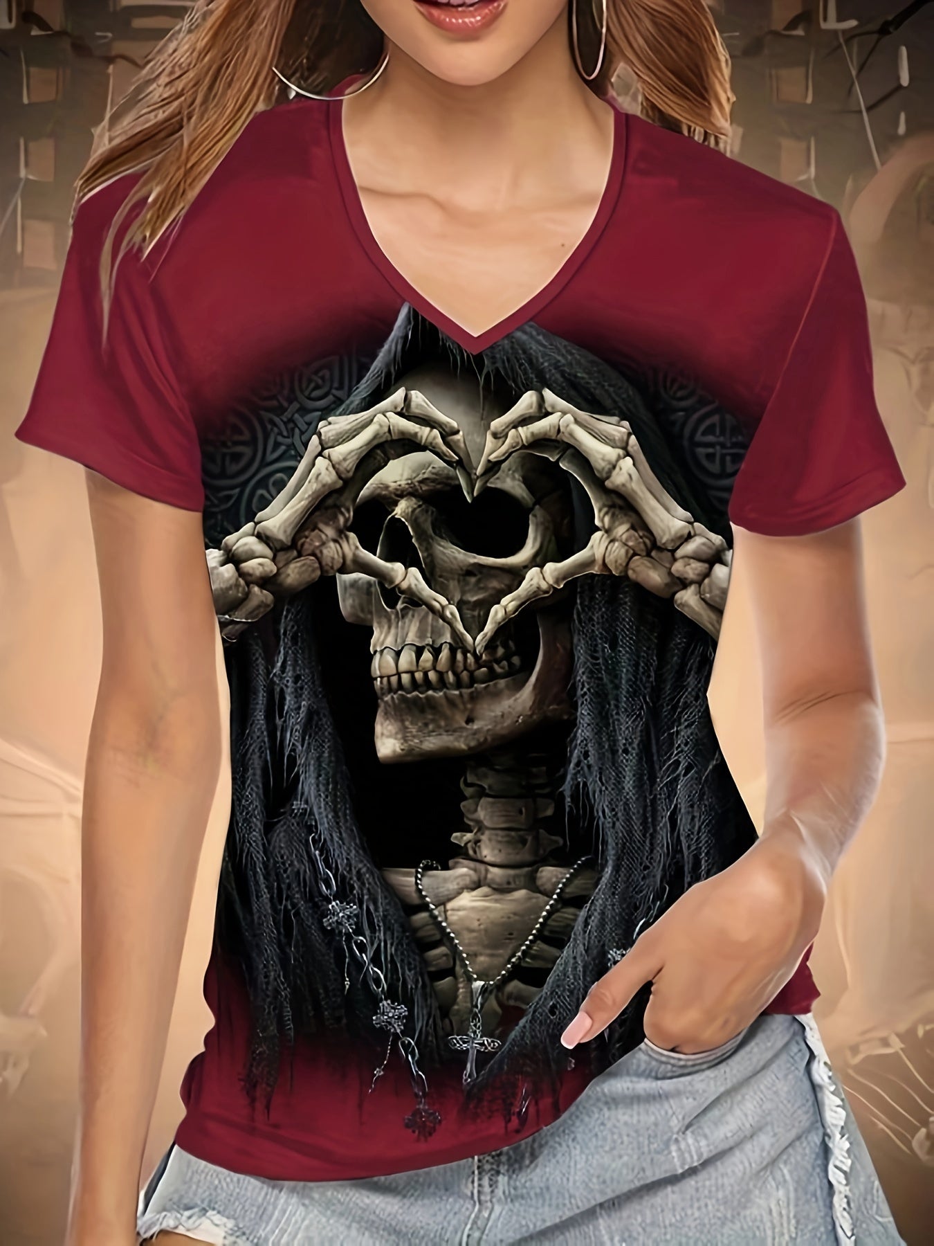 💀 Skull Vibe: V-Neck Skull Print T-Shirt 🌟