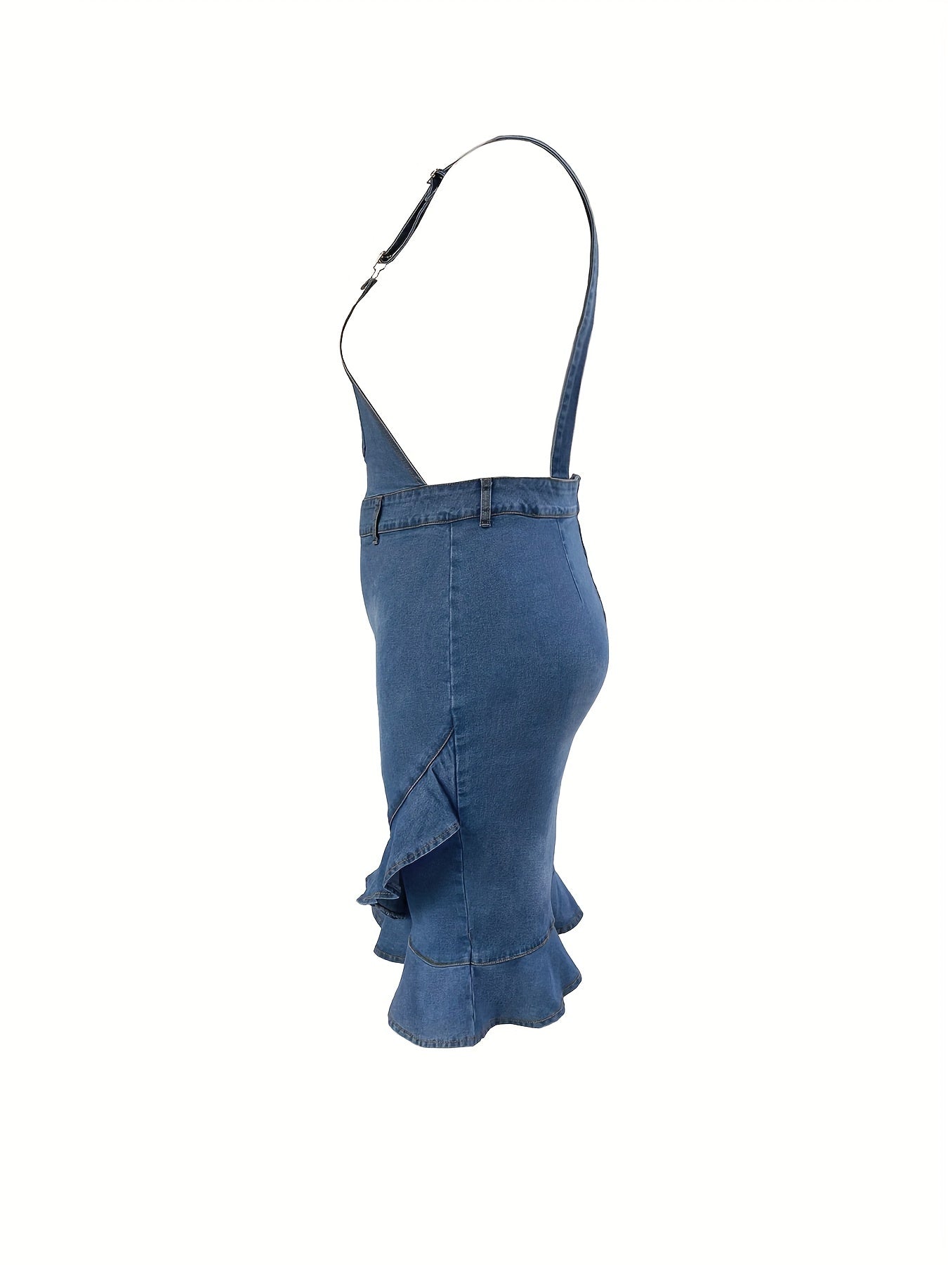 Plus-Size Asymmetric Ruffled Hem Plain Washed Blue Adjustable Strap Elegant Overalls Denim Dress 💙✨