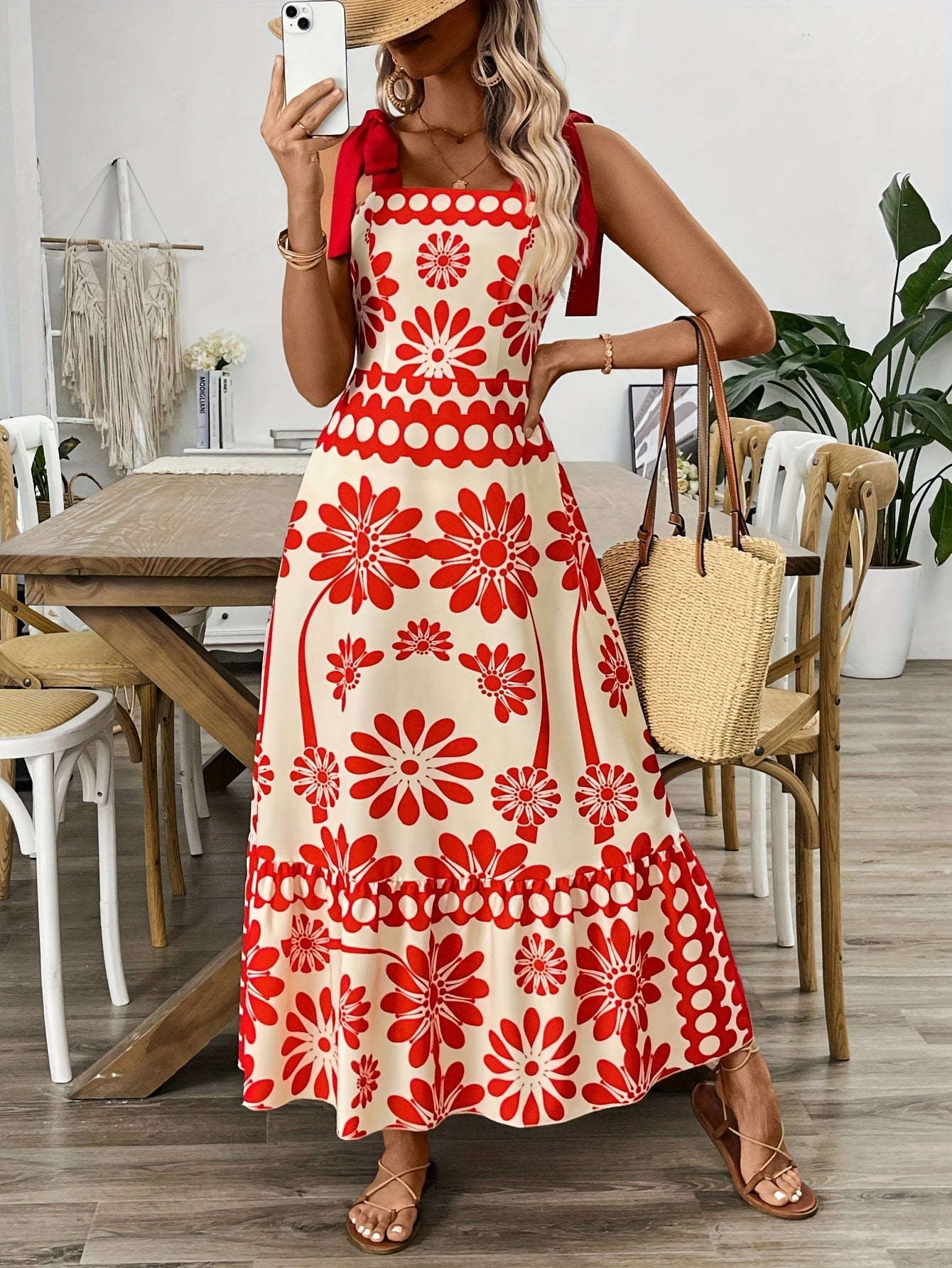 🌼 Ethnic Print Tie Shoulder A-Line Maxi Dress