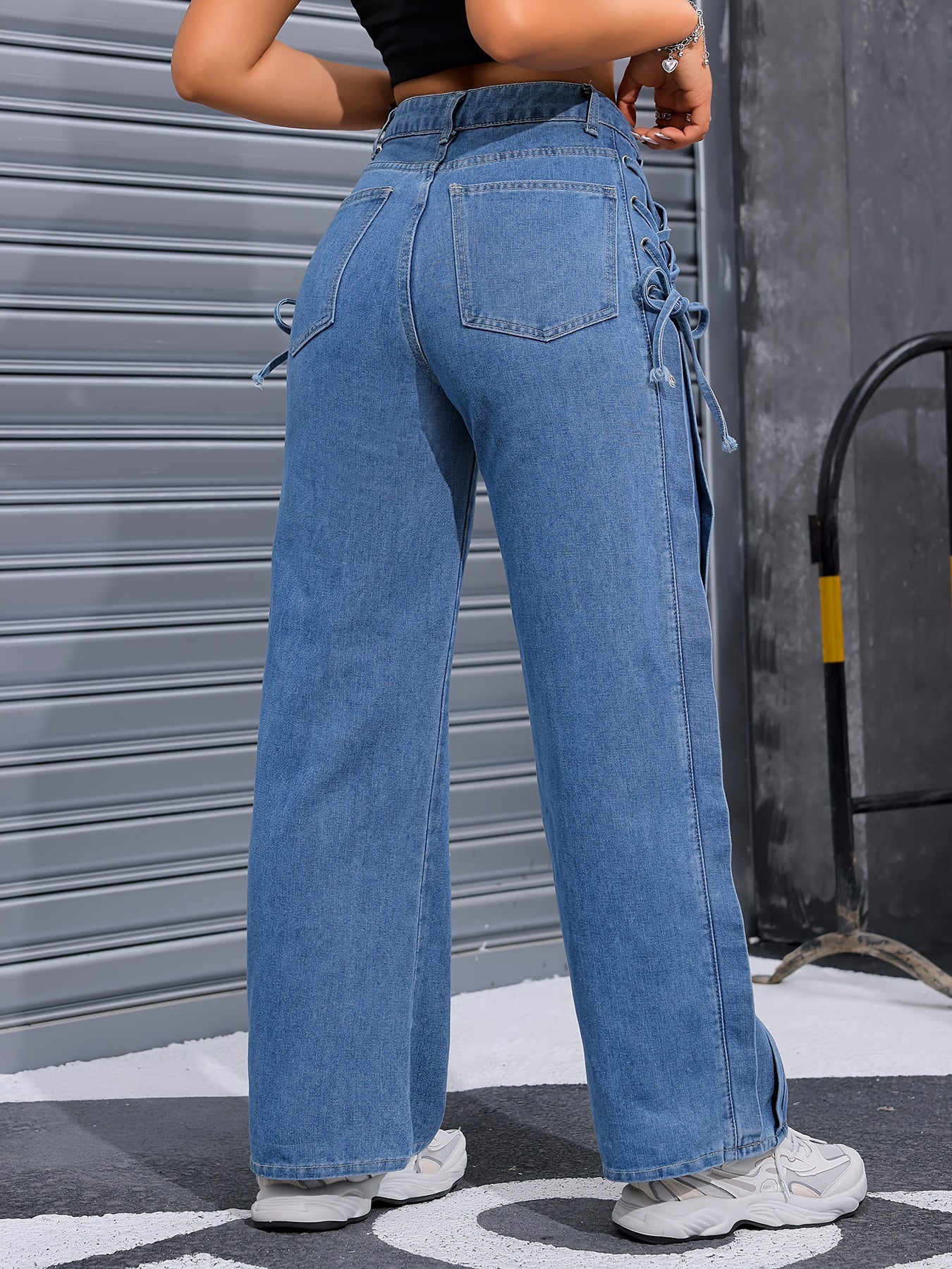 👖 Chic Lace-Up Side Wide Leg Denim Pants