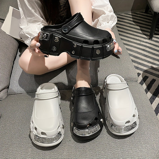 Women's Solid Color EVA Clogs, Platform Soft Sole Metallic Studded Slides, Non-slip Punk Trendy Slides