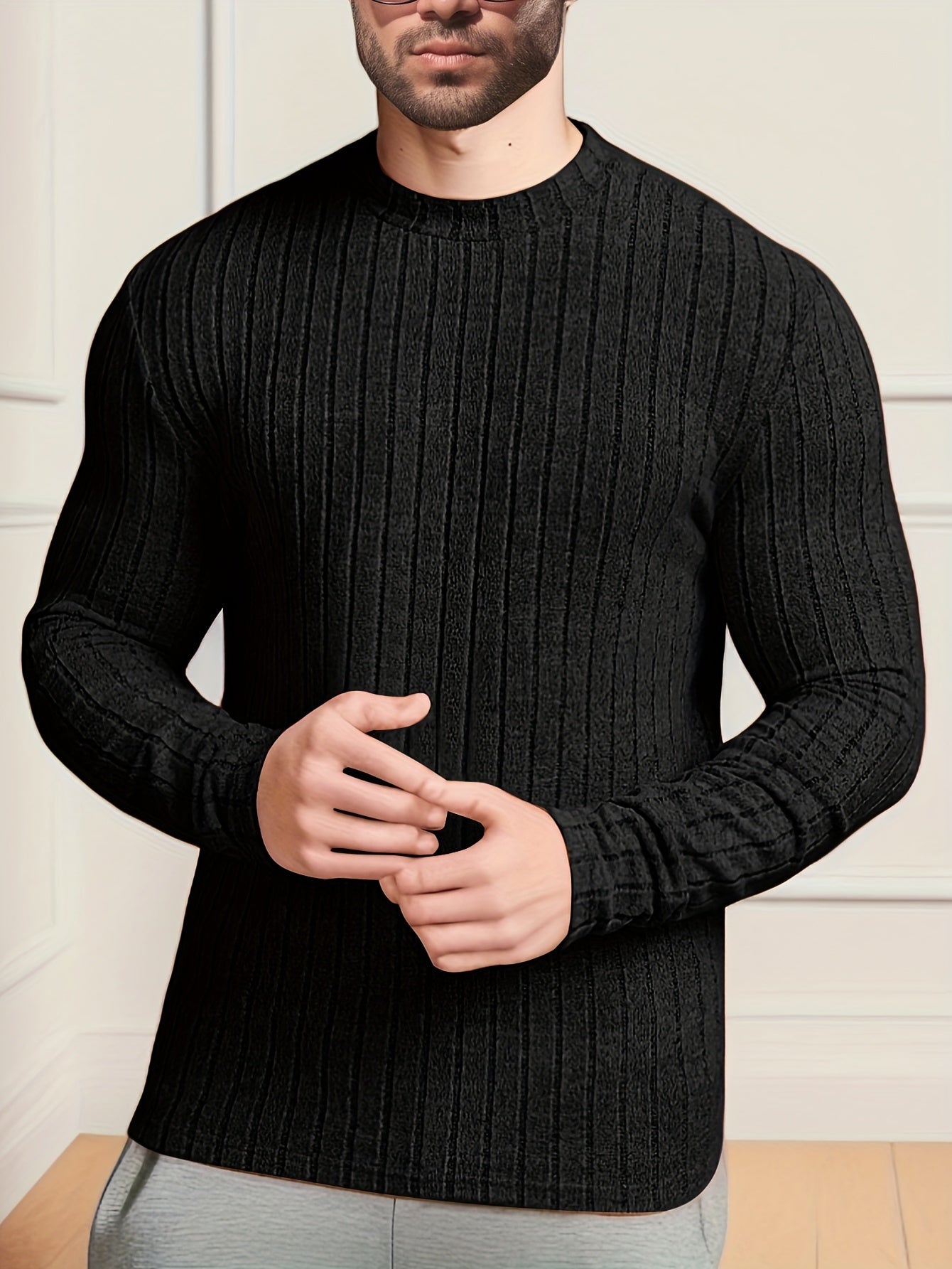 👕 Men's Solid Ribbed Crew Neck Long Sleeve Active T-Shirt 🌿