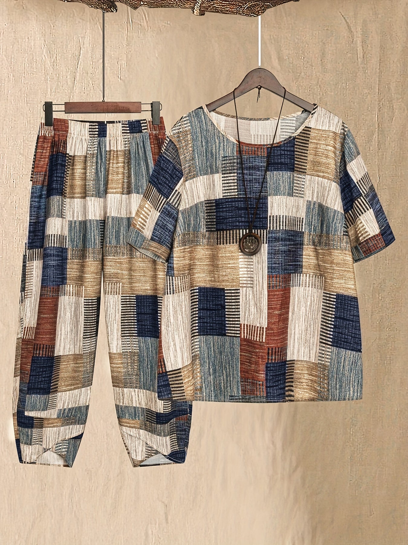 🌟 Plaid Perfection™ Two-Piece Casual Set - Crew Neck Top & Patchwork Pants