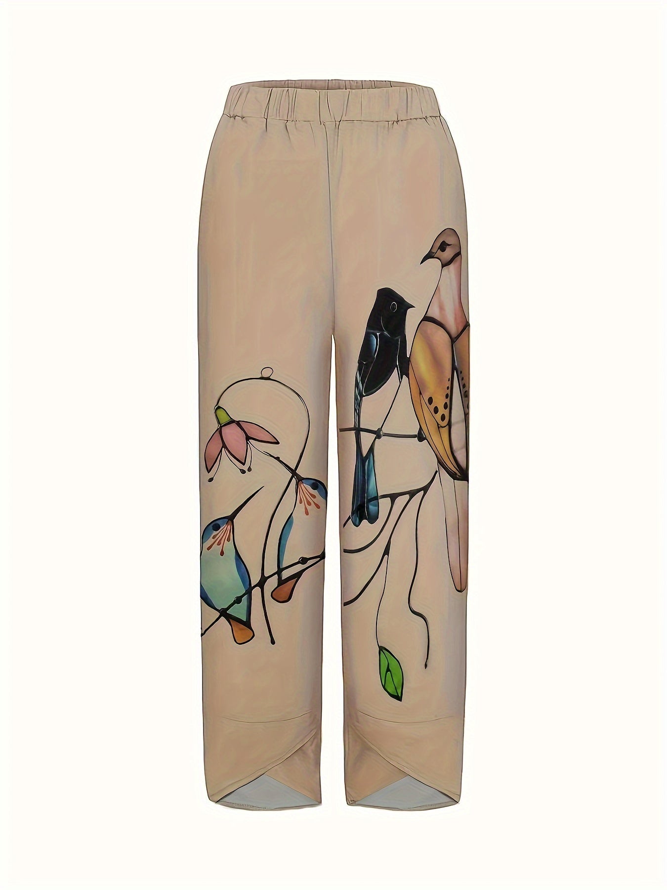 Bird Print Elastic Waist Pants