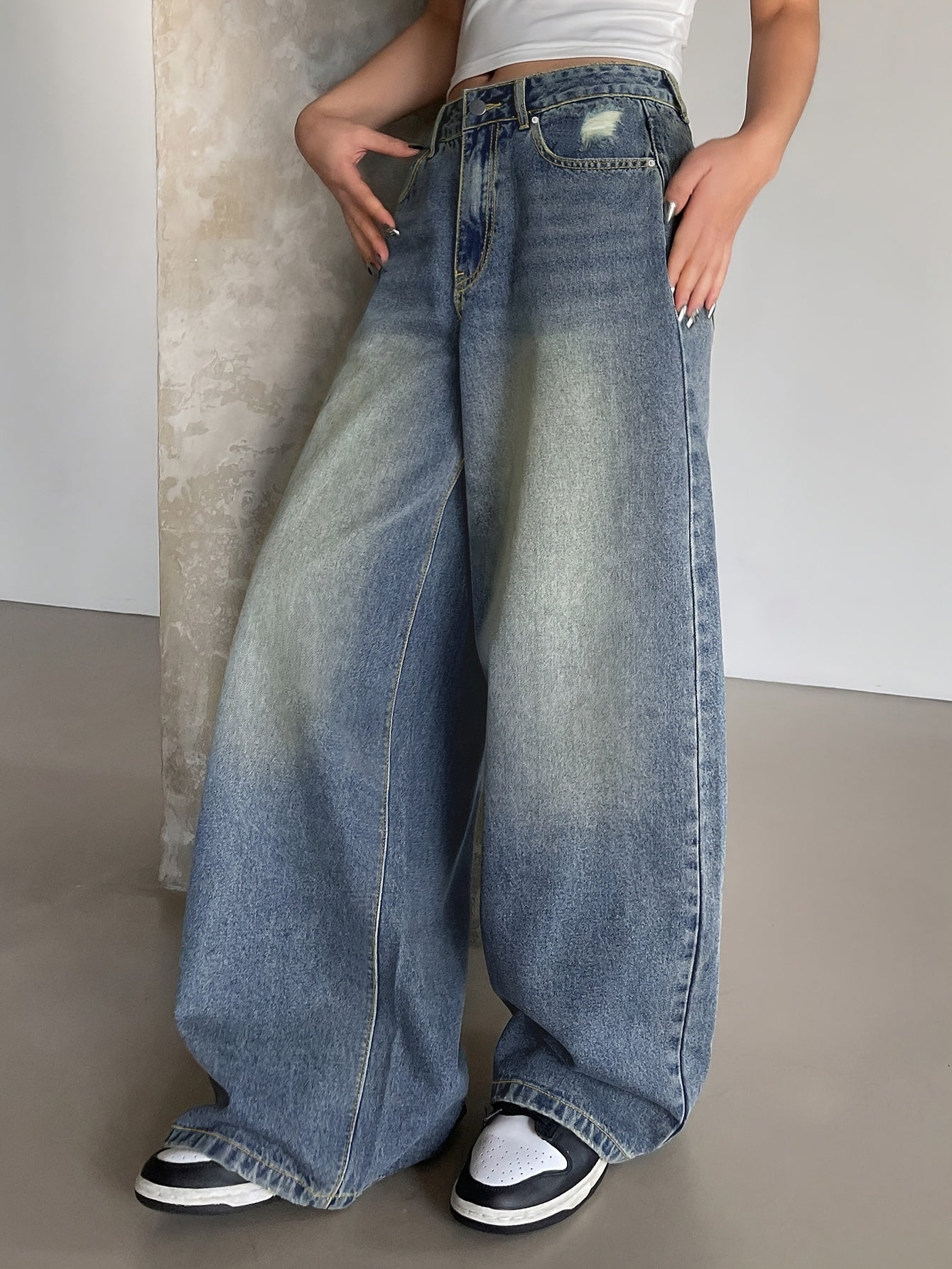 👖 Women's Vintage Washed Blue Denim Wide Leg Jeans 👖