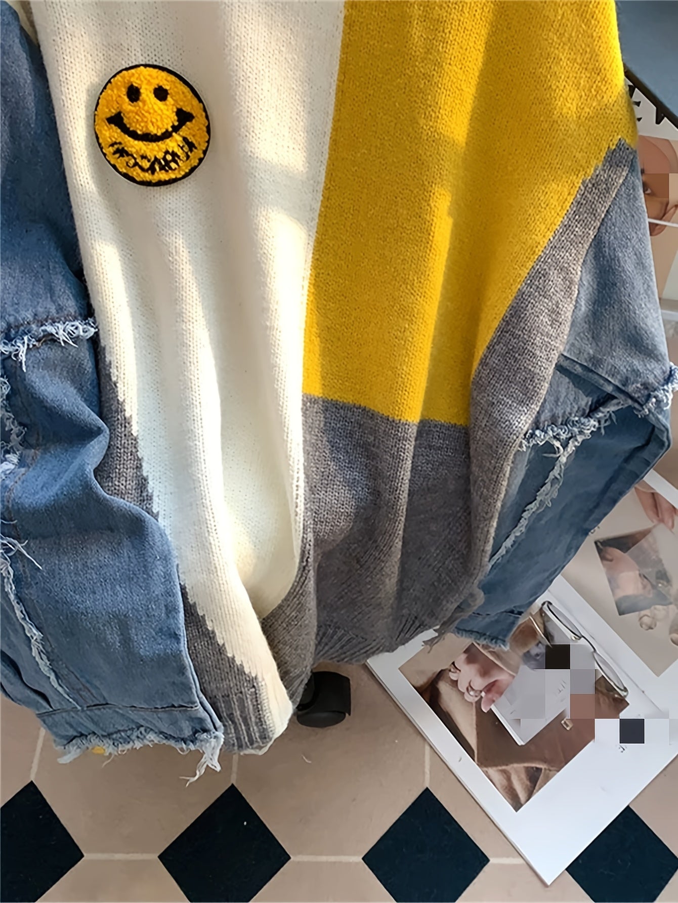 🧵 Elegant Color Block Denim-Inspired Knit Sweater 🧵