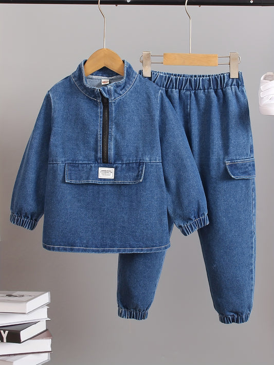 👖 Long Sleeve Half Zipper Denim Top & Pants Co-Ord Set for Boys