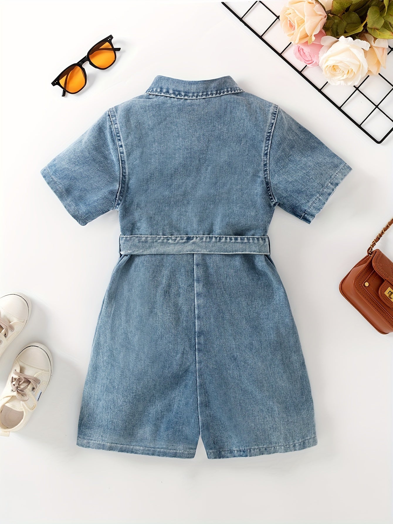 👗 Girls' Stylish & Trendy Short Sleeve Lapel Collar Snap Button Up Belted Cotton Denim Romper 🌸