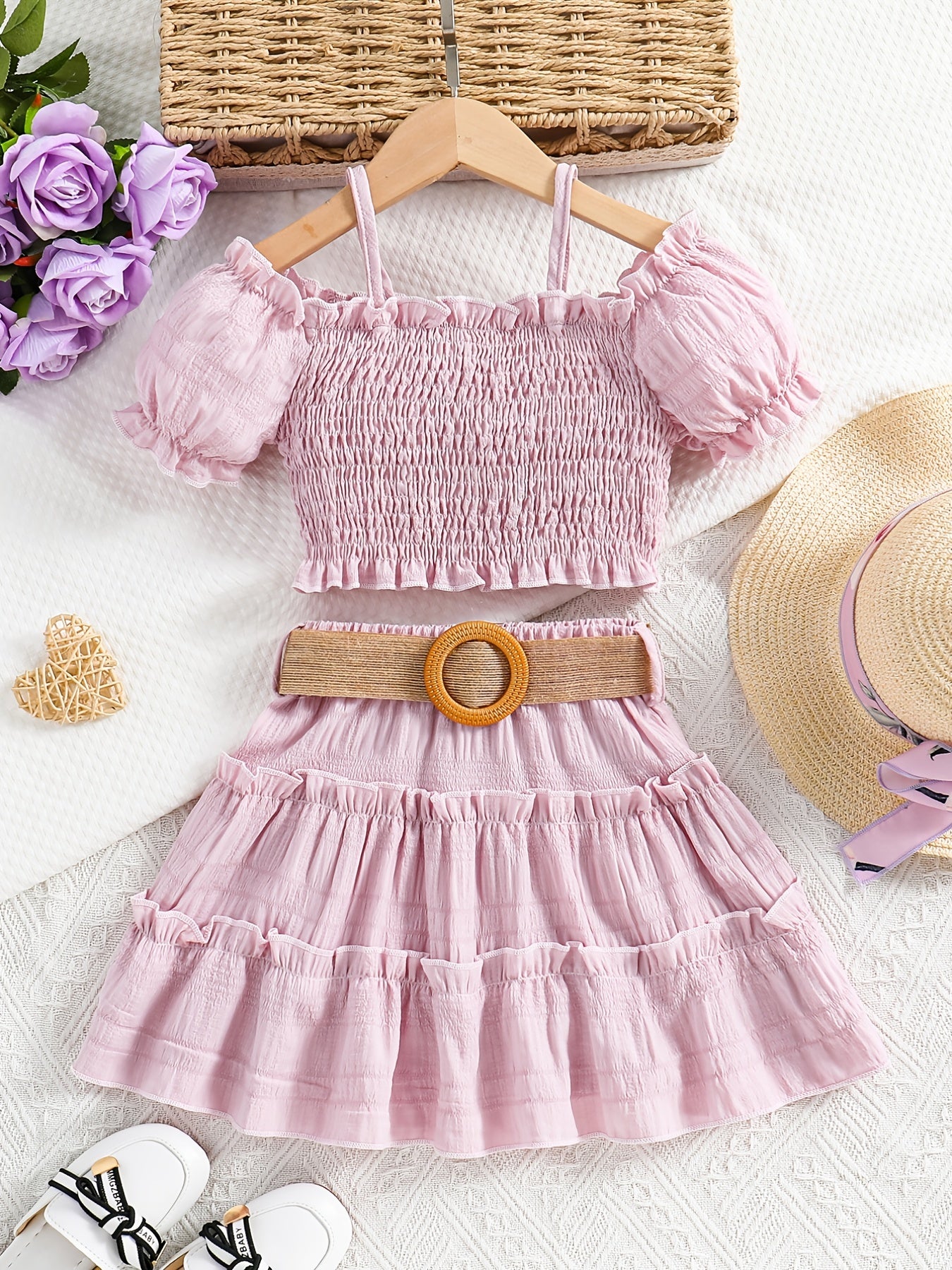 🌞 Girls' Elegant Cute Cami Off-Shoulder Ruffled Top & Skirt Set 👗