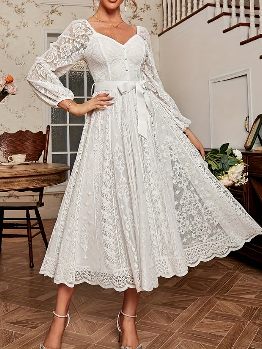 Guipure Lace Belted Sweetheart Dress