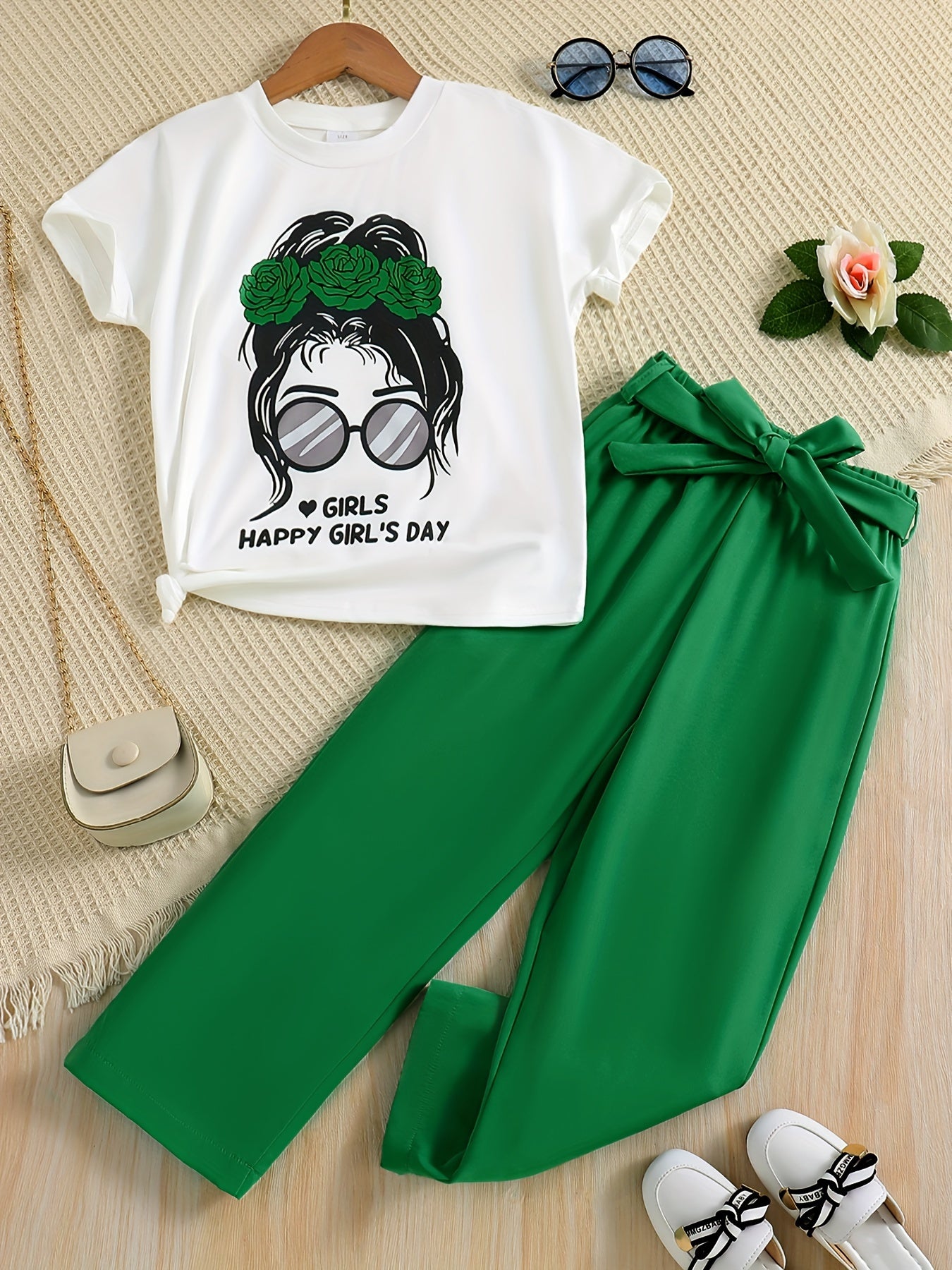 🌸 Cute 2-Piece Girls' Outfit – Short Sleeve Pullover & Solid Pants with Bow Belt 🌟