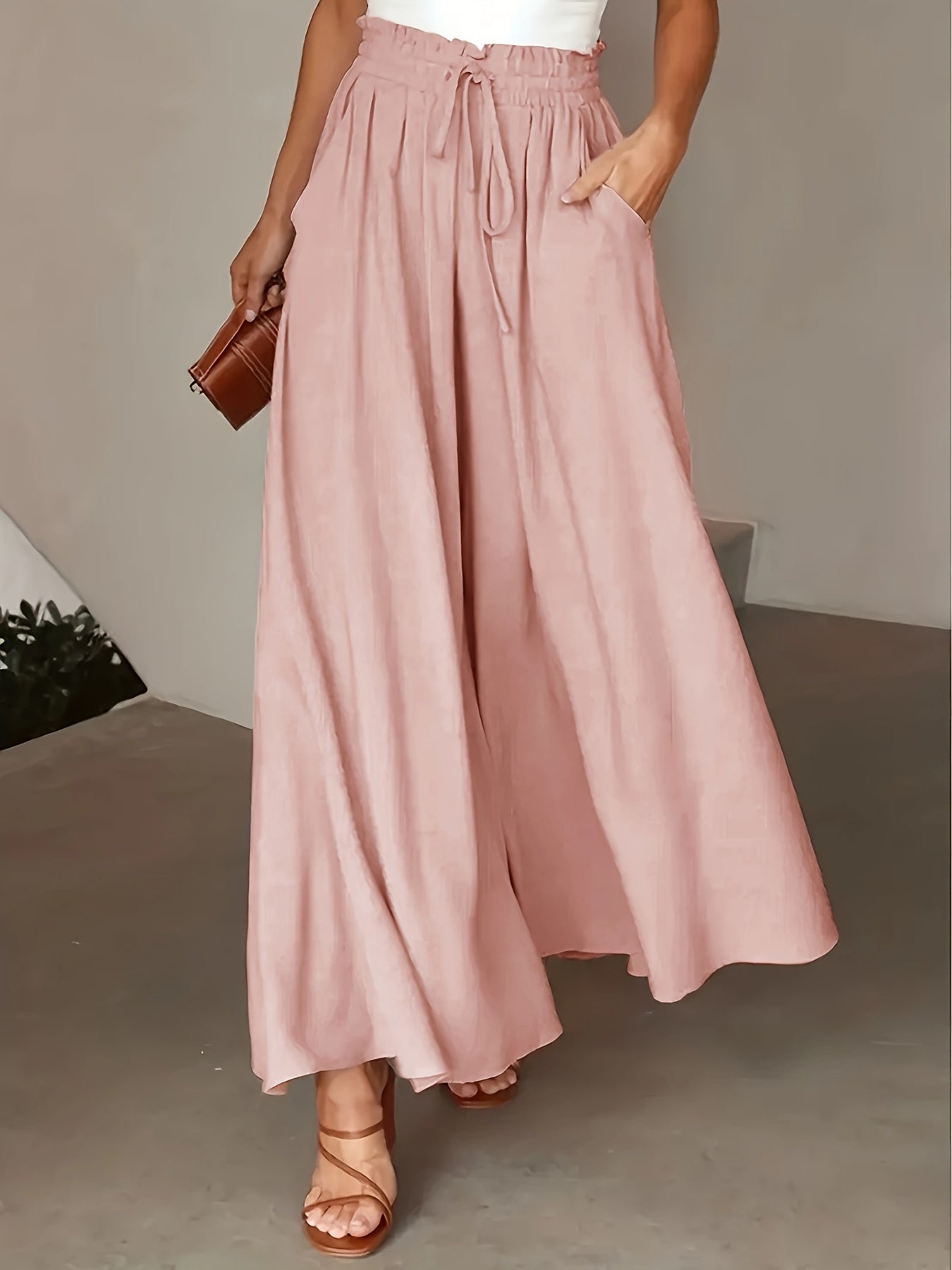 Elastic Waist Wide Leg Tied Pants