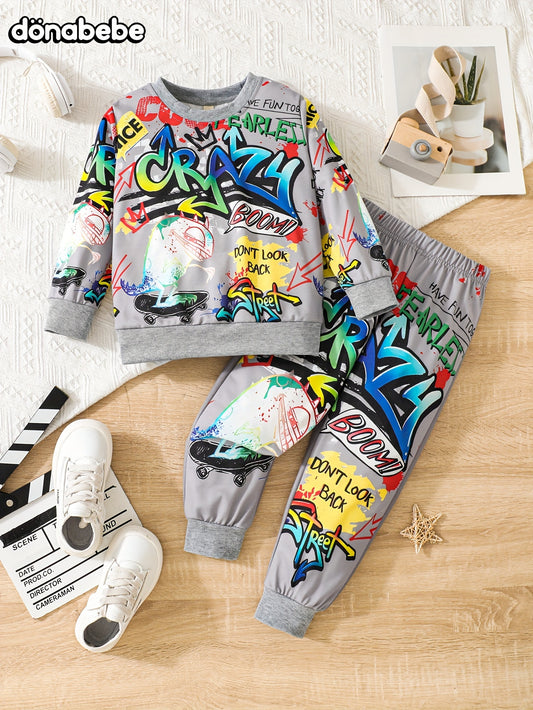 👟 2-Piece Boys Casual Co-Ord Set: Graffiti Sweatshirt & Jogger Pants