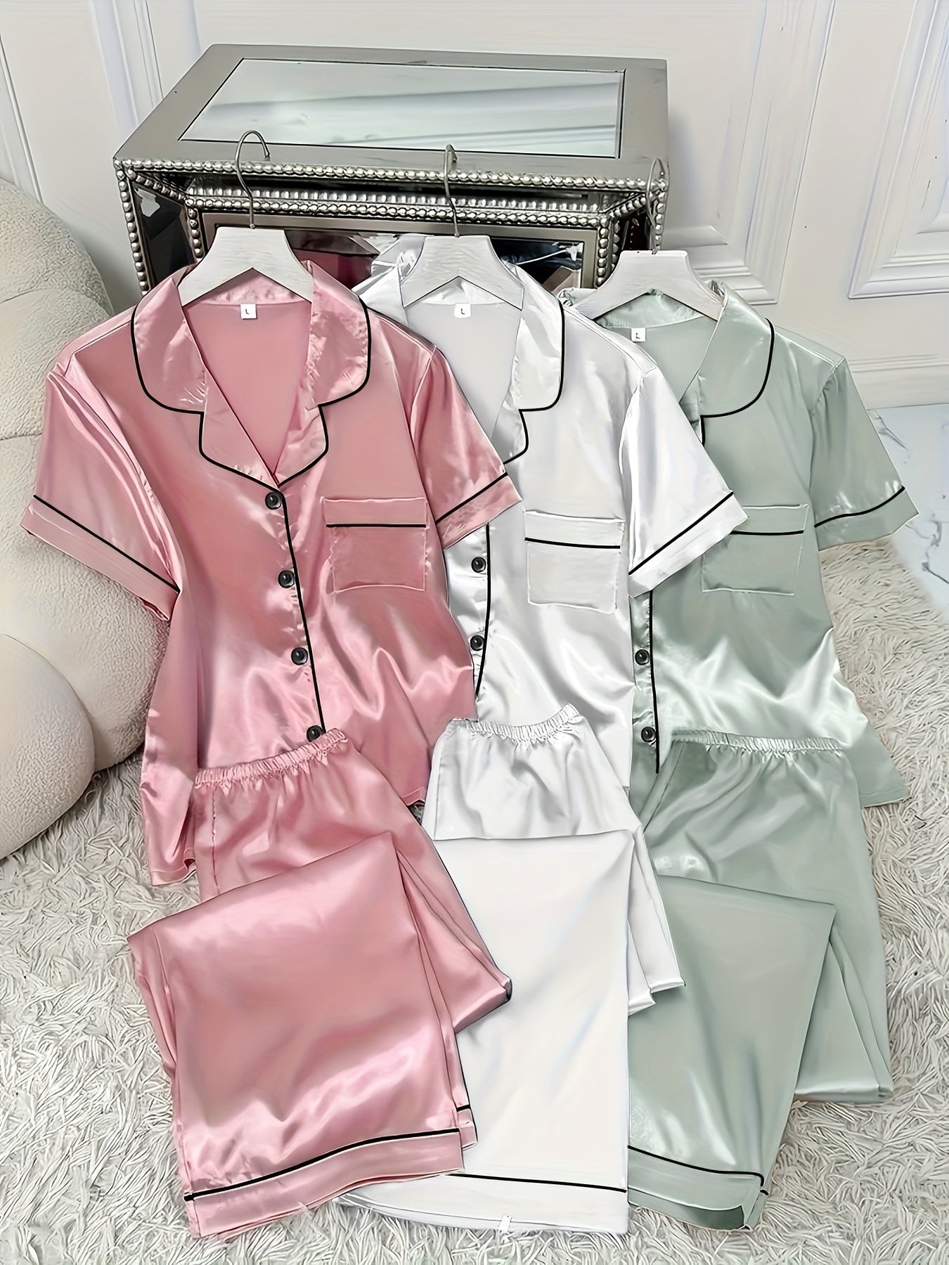 3 Sets Women's Solid Satin Casual Pajama Set ✨