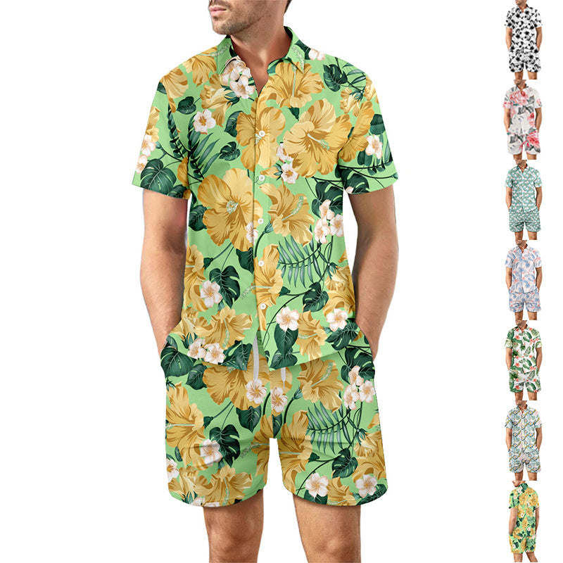 Surf Style Printed Beach Shirt Summer Suit: Loose Button Top and Drawstring Shorts Set