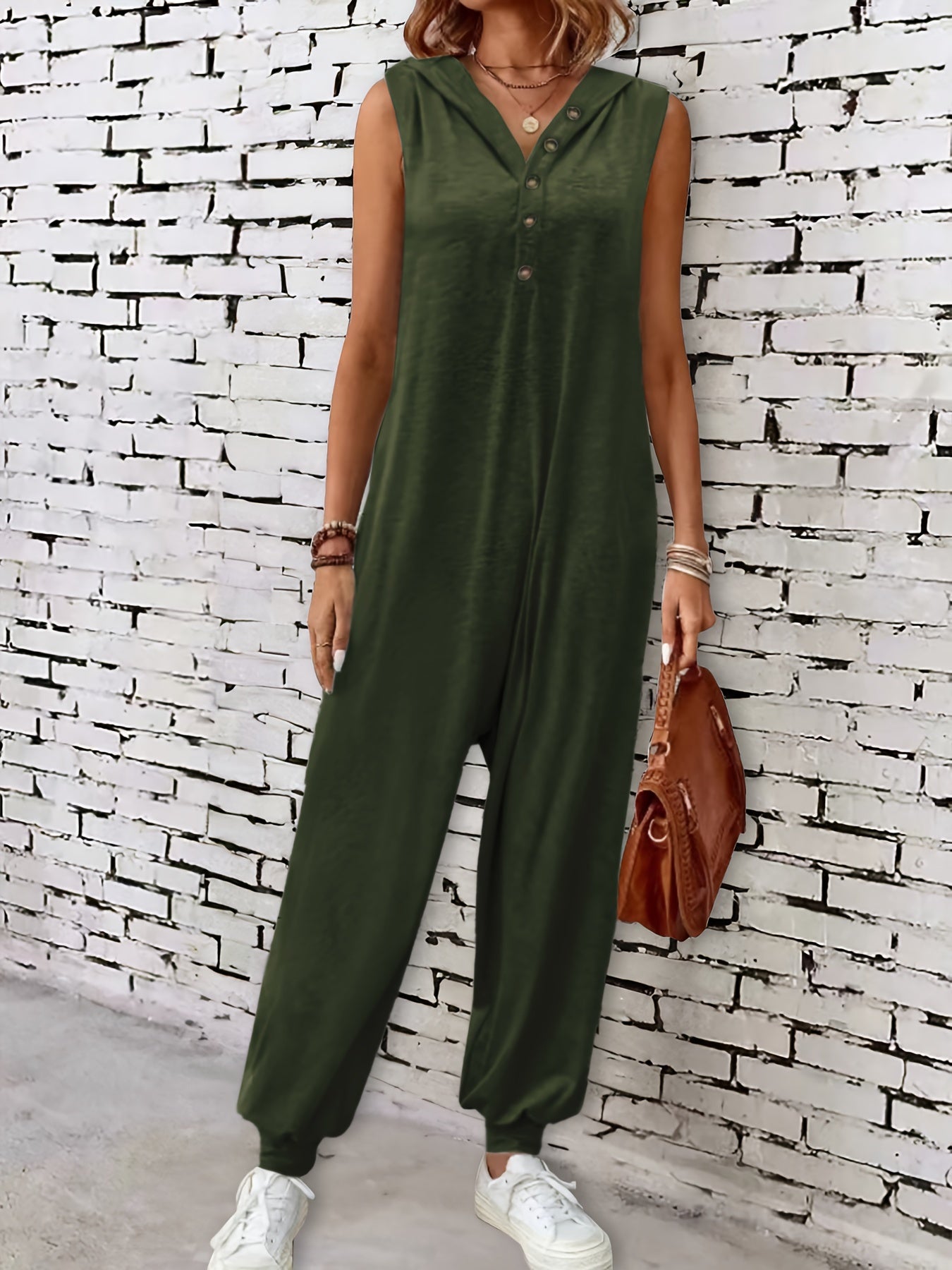 Solid Button Front Hooded Jumpsuit